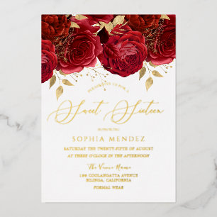 Romantische Rode Rozen Elegant Sweet 16 Feest Goud Folie Uitnodiging