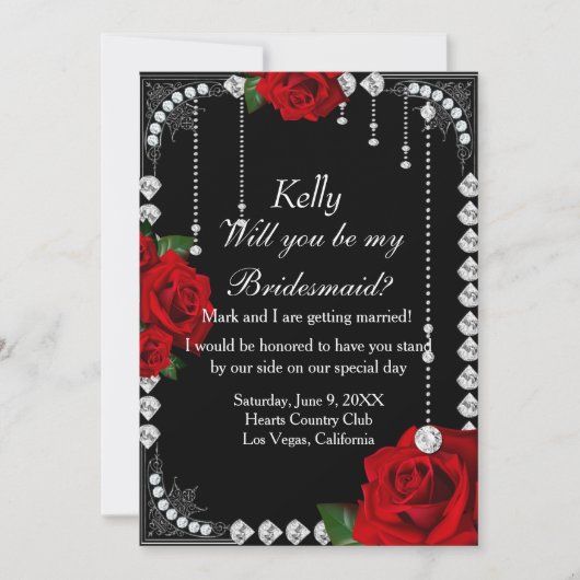 Romantische rode rozen en diamanten bruidsmeisje kaart (Voorkant)