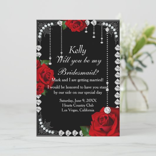 Romantische rode rozen en diamanten bruidsmeisje kaart (Staand voorkant)