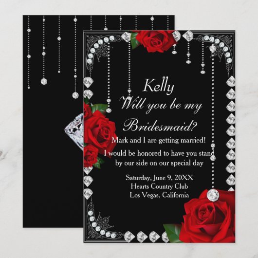 Romantische rode rozen en diamanten bruidsmeisje kaart (Voorkant / Achterkant)