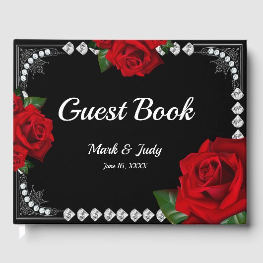 Romantische rode rozen en diamanten bruiloft gastenboek (Voorkant)