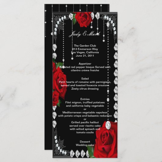 Romantische rode rozen en diamanten bruiloft menu (Voorkant / Achterkant)