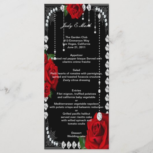 Romantische rode rozen en diamanten bruiloft menu (Voorkant)