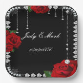 Romantische rode rozen en diamanten papieren bordje (Voorkant)