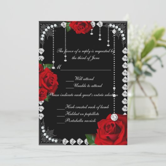 Romantische rode rozen en diamanten respons Kaart (Staand voorkant)