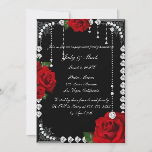 Romantische rode rozen en diamanten verlovingsfees kaart (Voorkant)