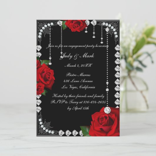 Romantische rode rozen en diamanten verlovingsfees kaart (Staand voorkant)