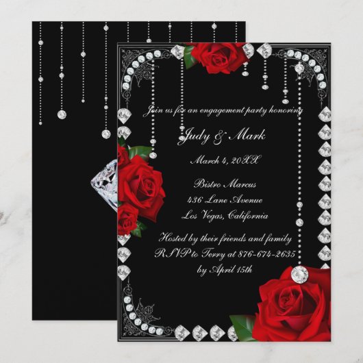 Romantische rode rozen en diamanten verlovingsfees kaart (Voorkant / Achterkant)