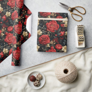 Romantische rode rozen en vanille witte bloemen cadeaupapier