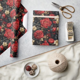 Romantische rode rozen en vanille witte bloemen cadeaupapier