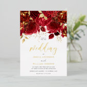 Romantische rode rozen & gouden blad bruiloft folie uitnodiging (Staand Voorkant)