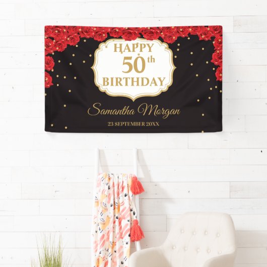 Romantische rode rozen goudglitter zwarte Brithday Spandoek (Insitu)