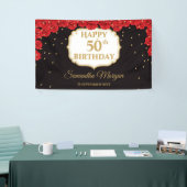 Romantische rode rozen goudglitter zwarte Brithday Spandoek (Beurs)