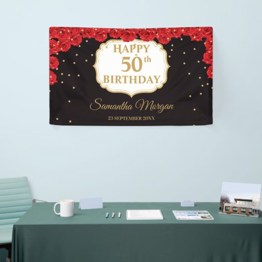 Romantische rode rozen goudglitter zwarte Brithday Spandoek (Beurs)