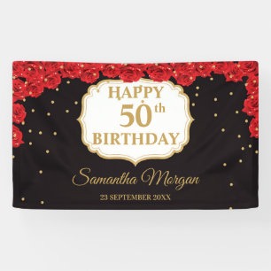 Romantische rode rozen goudglitter zwarte Brithday Spandoek
