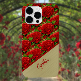 Romantische Rode Rozen met Gouden Monogram Kleuren Case-Mate iPhone 14 Pro Max Hoesje