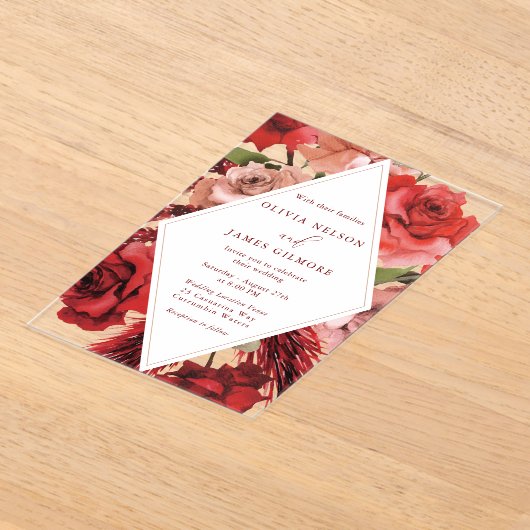 Romantische rode rozen moderne bruiloft acryl uitnodigingen (Laagn)