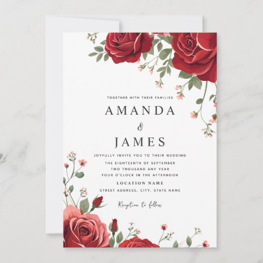 Romantische Rode Rozen Monogram Bloemen Huwelijk Kaart (Voorkant)