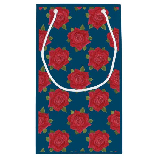 Romantische rode rozen op blauwe aangepaste medium klein cadeauzakje (Achterkant)