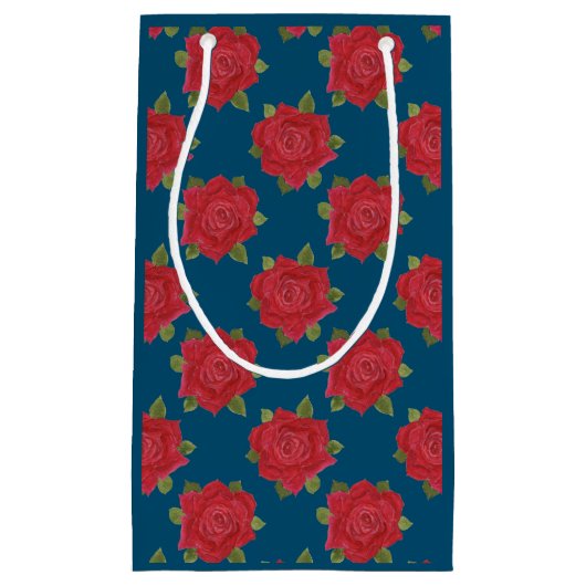 Romantische rode rozen op blauwe aangepaste medium klein cadeauzakje (Voorkant)