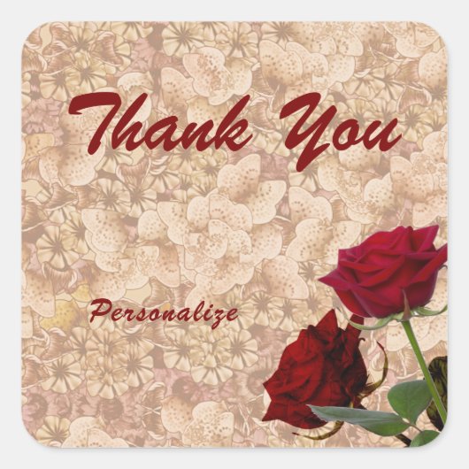 Romantische rode rozen op roze Dank u Vierkante Sticker (Voorkant)