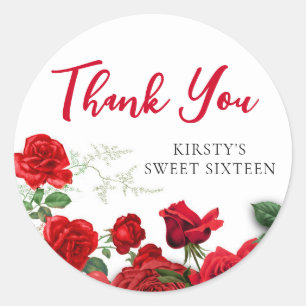 Romantische Rode Rozen op Witte Sweet 16 Bedanktka Ronde Sticker