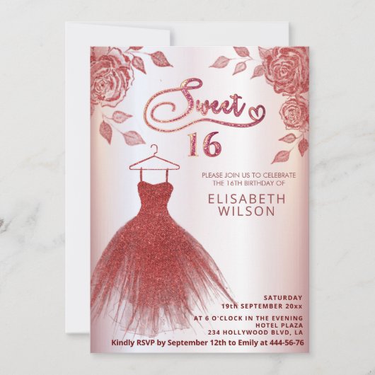 Romantische rode rozen rode glitterjurk Uitnodigin Kaart (Voorkant)