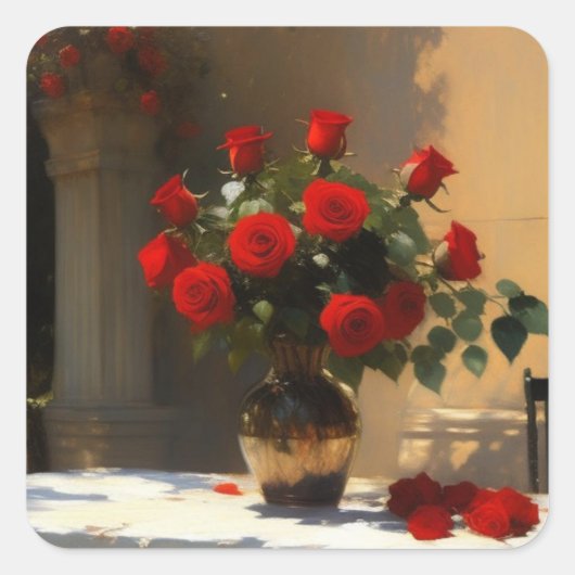 Romantische rode rozen vierkante sticker (Voorkant)