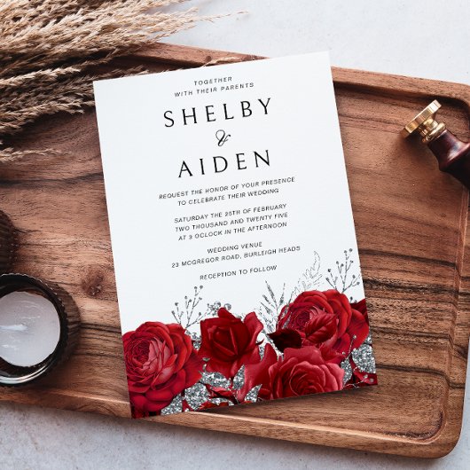 Romantische rode rozen & zilveren bruiloft kaart