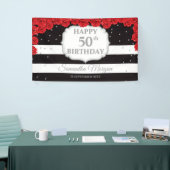 Romantische rode rozen zilveren glitter zwart Verj Spandoek (Beurs)