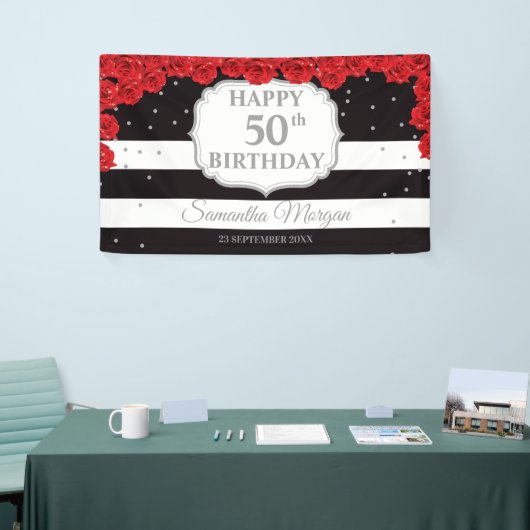 Romantische rode rozen zilveren glitter zwart Verj Spandoek (Beurs)