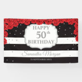 Romantische rode rozen zilveren glitter zwart Verj Spandoek (Horizontaal)