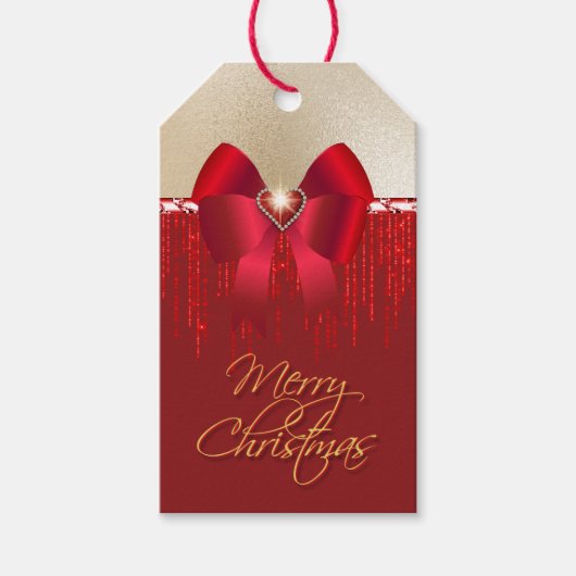 Romantische rode satijn-boeg op gouden kerst cadeaulabel (Voorkant)