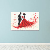 Romantische rode trouwsilhouet van bruid en bruide canvas afdruk (Insitu (Houten vloer))
