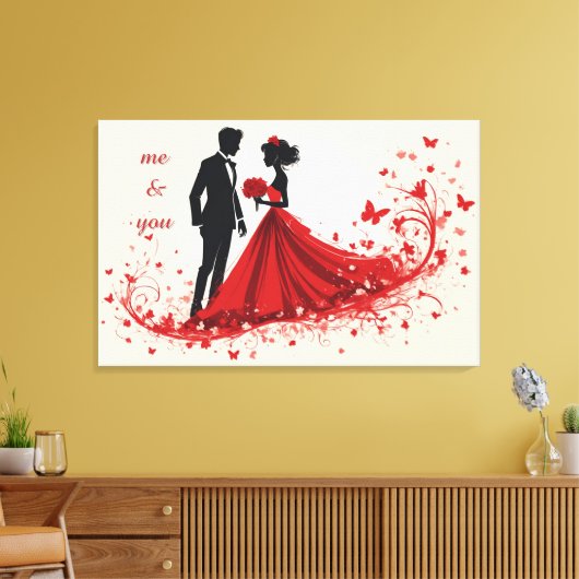 Romantische rode trouwsilhouet van bruid en bruide canvas afdruk (Insitu (Woonkamer))