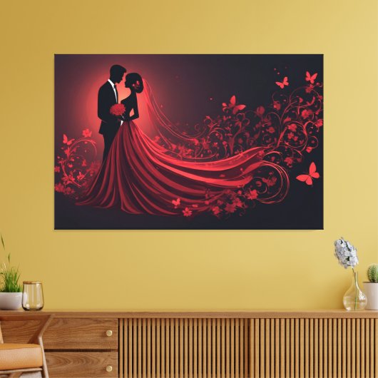 Romantische rode trouwsilhouet van bruid en bruide canvas afdruk (Insitu (Woonkamer))