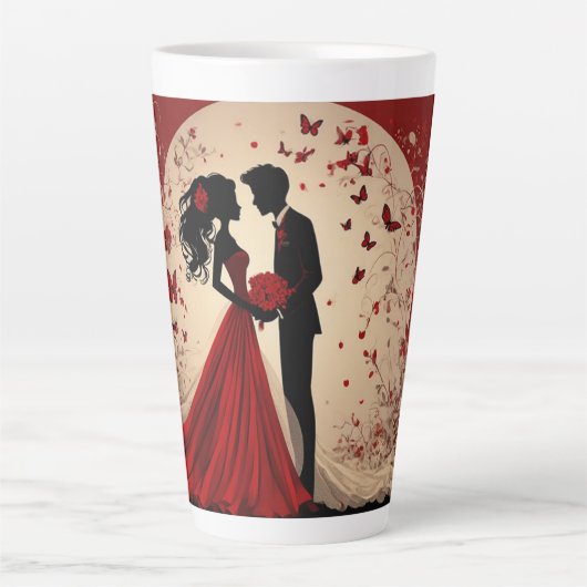 Romantische rode trouwsilhouet van bruid en bruide latte mok (Voorkant)