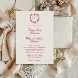Romantische rode vintage monogram wapen trouwkaart kaart