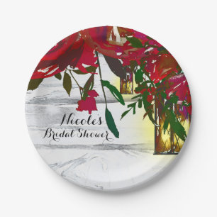 Romantische Rode Waterverf Rozen en Lantaarnbruilo Papieren Bordje