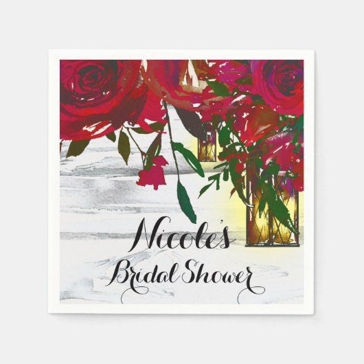 Romantische Rode Waterverf Rozen en Lantaarnbruilo Servetten (Voorkant)