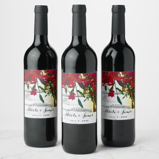 Romantische Rode Waterverf Rozen Lantaarns Bindwij Wijn Etiket (Flessen)