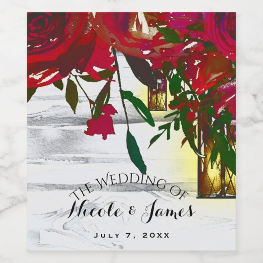 Romantische Rode Waterverf Rozen Lantaarns Bindwij Wijn Etiket (Enkel label)