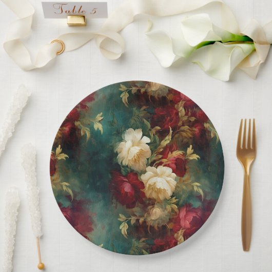 Romantische rode witte bloemen bloemenbruiloft papieren bordje (Huwelijk)