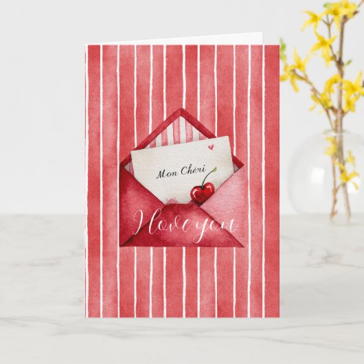 Romantische rode witte strepen Mon Cheri Liefde Kaart (Gele Bloem)