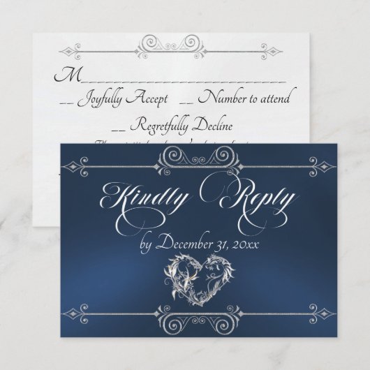 Romantische Rol Hart - Blauw RSVP Kaartje (Voorkant / Achterkant)