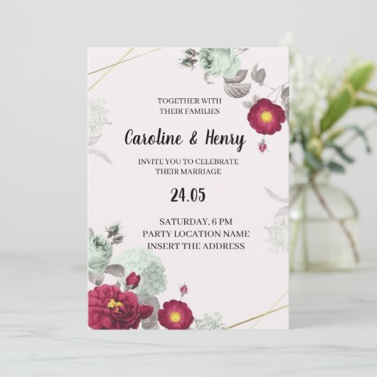 Romantische rood en groen elegante bruiloft uitnod kaart (Staand voorkant)