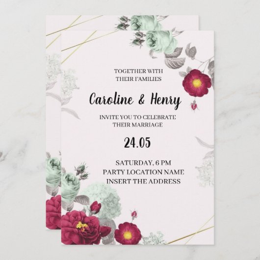 Romantische rood en groen elegante bruiloft uitnod kaart (Voorkant / Achterkant)