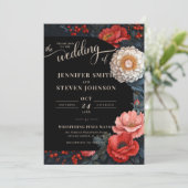 Romantische Rood en Zwart Bloemen Bruiloft Kaart (Staand voorkant)
