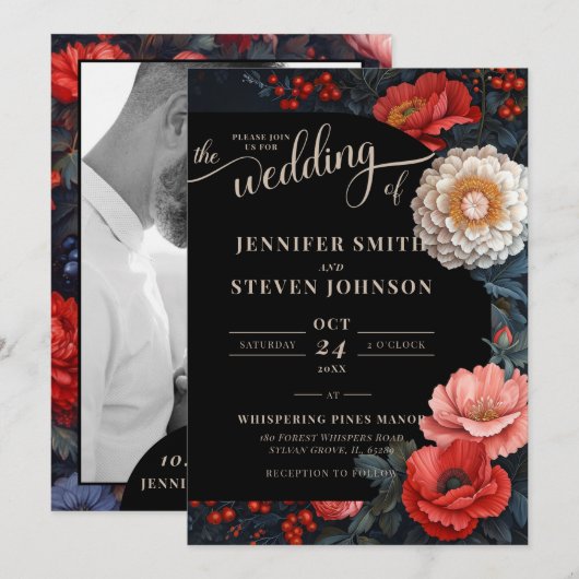 Romantische Rood en Zwart Bloemen Bruiloft Kaart (Voorkant / Achterkant)