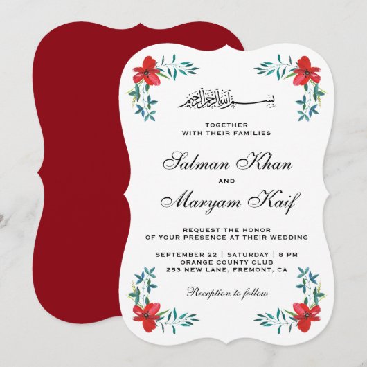 Romantische rood geschilderde bloemen moslim bruil kaart (Voorkant / Achterkant)